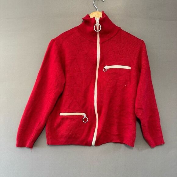 Women’s Red Zip Up Knit Sweater Size Small Zipper Pockets High Neck - Picture 1 of 11